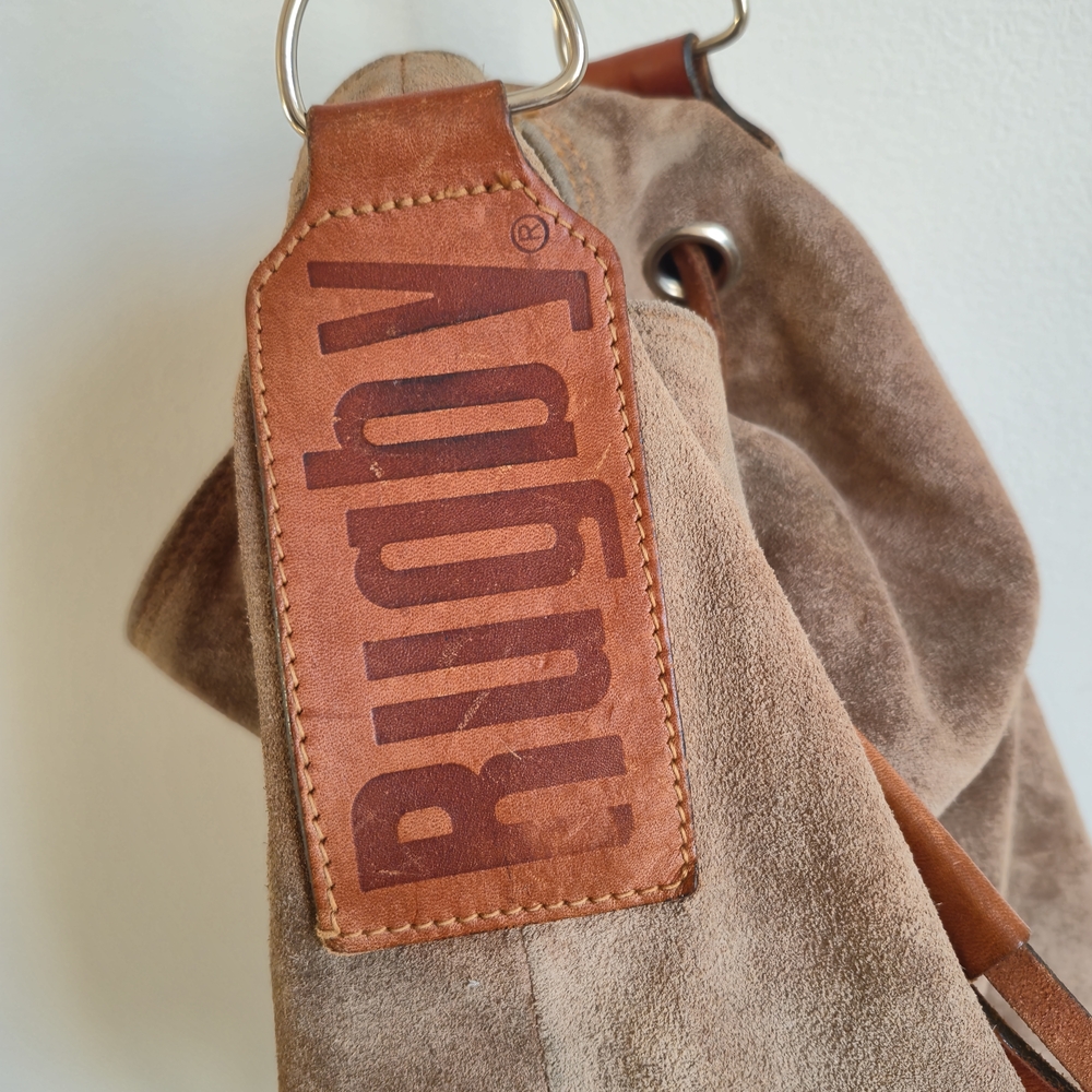 Rudy Suede Drawstring Backpack in Taupe and Tan